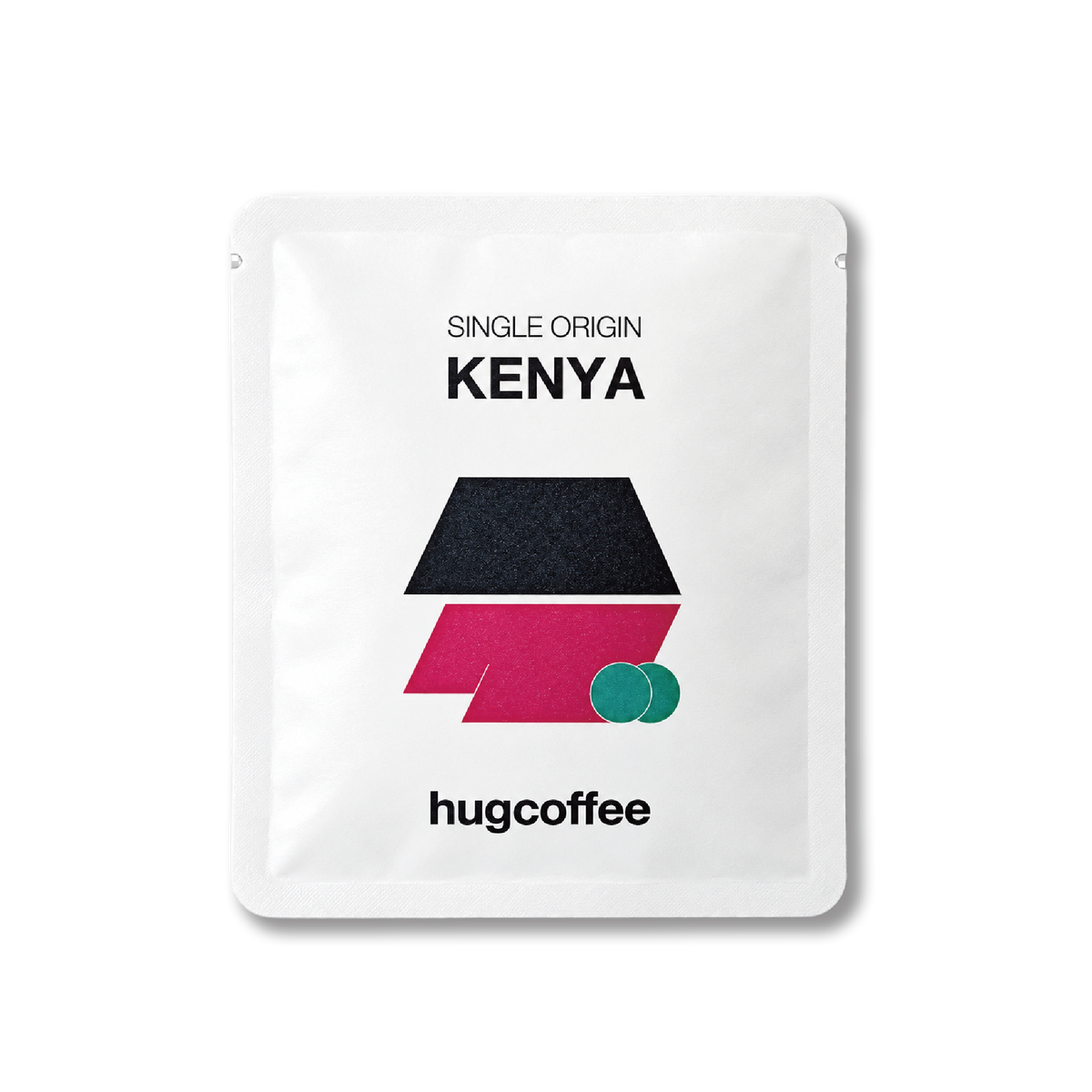 hugcoffeeのケニアのドリップバッグ。黒とピンクの図形が描かれた白いパッケージ。