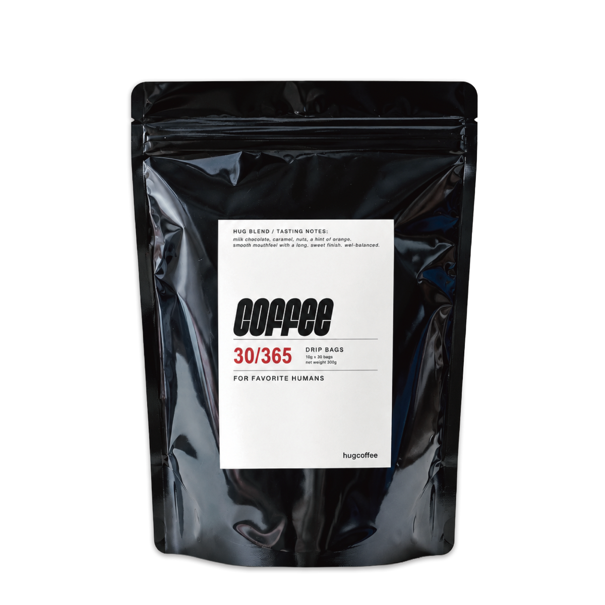 hugcoffeeのハグブレンドドリップバッグ30袋セット。黒い袋に白い商品ラベル。