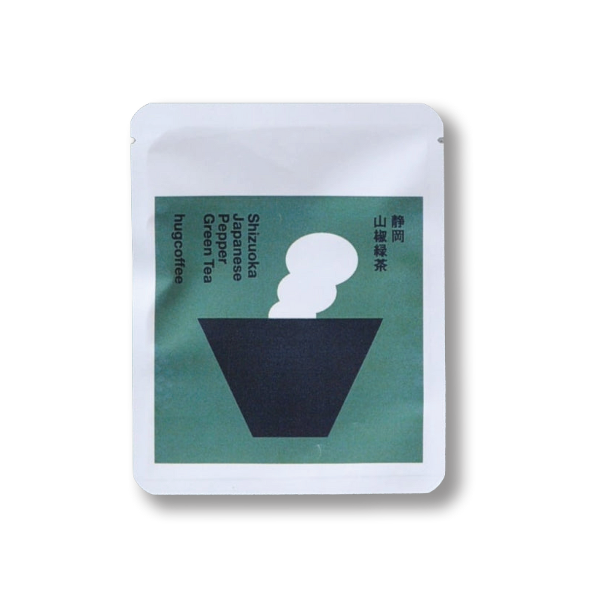 hugcoffeeの山椒緑茶。緑色のラベルに急須のイラストが描かれた袋。