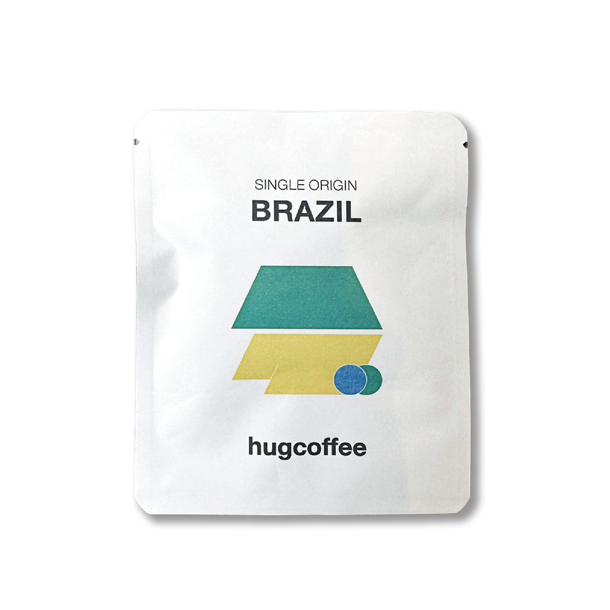 hugcoffeeのブラジルのドリップバッグ。緑と黄色の図形が描かれた白いパッケージ。