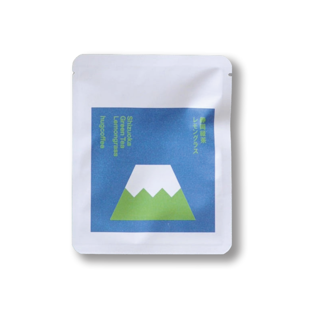 hugcoffeeのレモングラス緑茶。青と緑のラベルに山のイラストが描かれた袋。